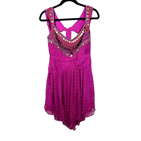 NWT Free People Jeweled Chevron Mini Dress Fuchsia Pink Beaded Swiss Dot 4 Flaw - Picture 4 of 16